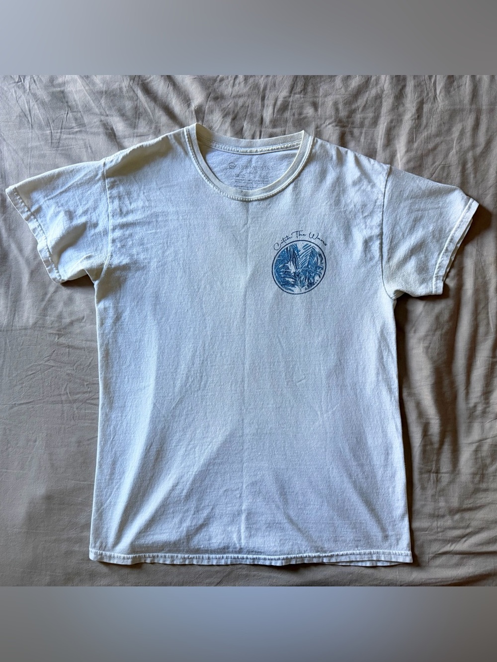 Men's White Short Sleeve Crewneck Tee with Blue Chest Graphic